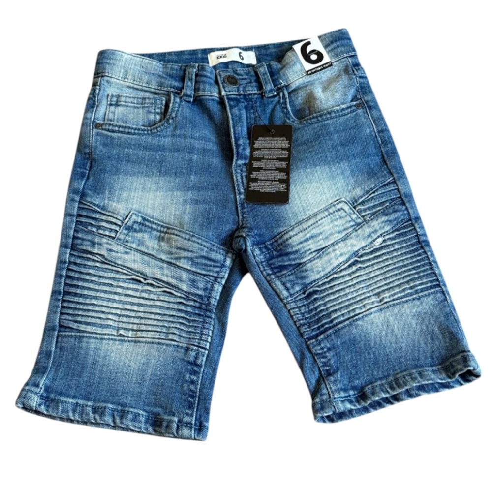 Blue Moto-Inspired Denim Shorts with Distressed Finish